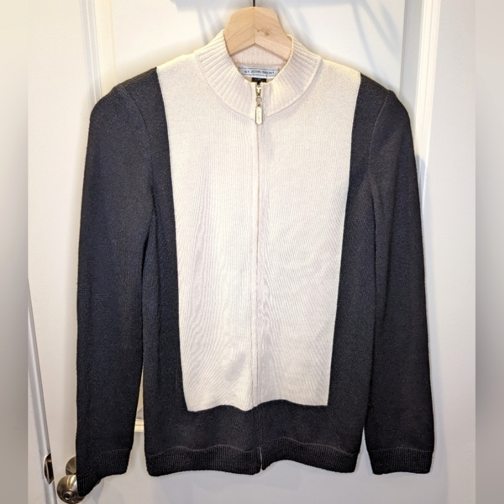 St. John Sport Cream and Black Color block Zip Up Cardigan XS Petite